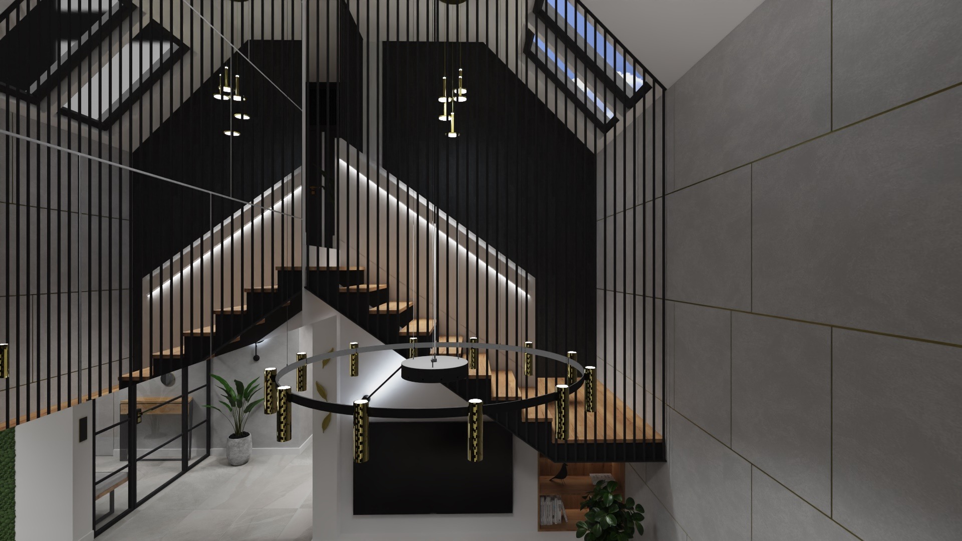 Wizualizacja nowoczesnego wnętrza z drewnianymi schodami z podświetleniem LED, czarnymi balustradami i okrągłym żyrandolem z elementami w kolorze złota, uzupełniona roślinami doniczkowymi i oknami...