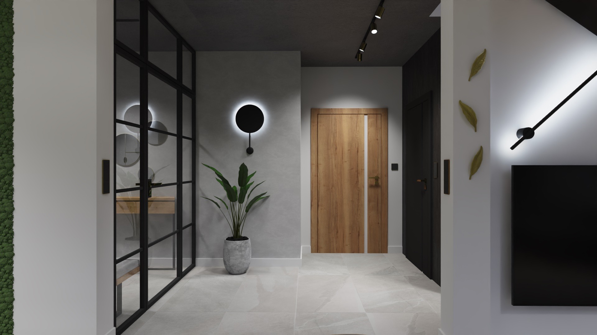 Nowoczesny przedpokój z szarą ścianą, drewnianymi drzwiami i rośliną w betonowej donicy, oświetlony lampą ścienną w kształcie okręgu z czarnym środkiem. Widoczna ściana z mchu oraz przeszklona...