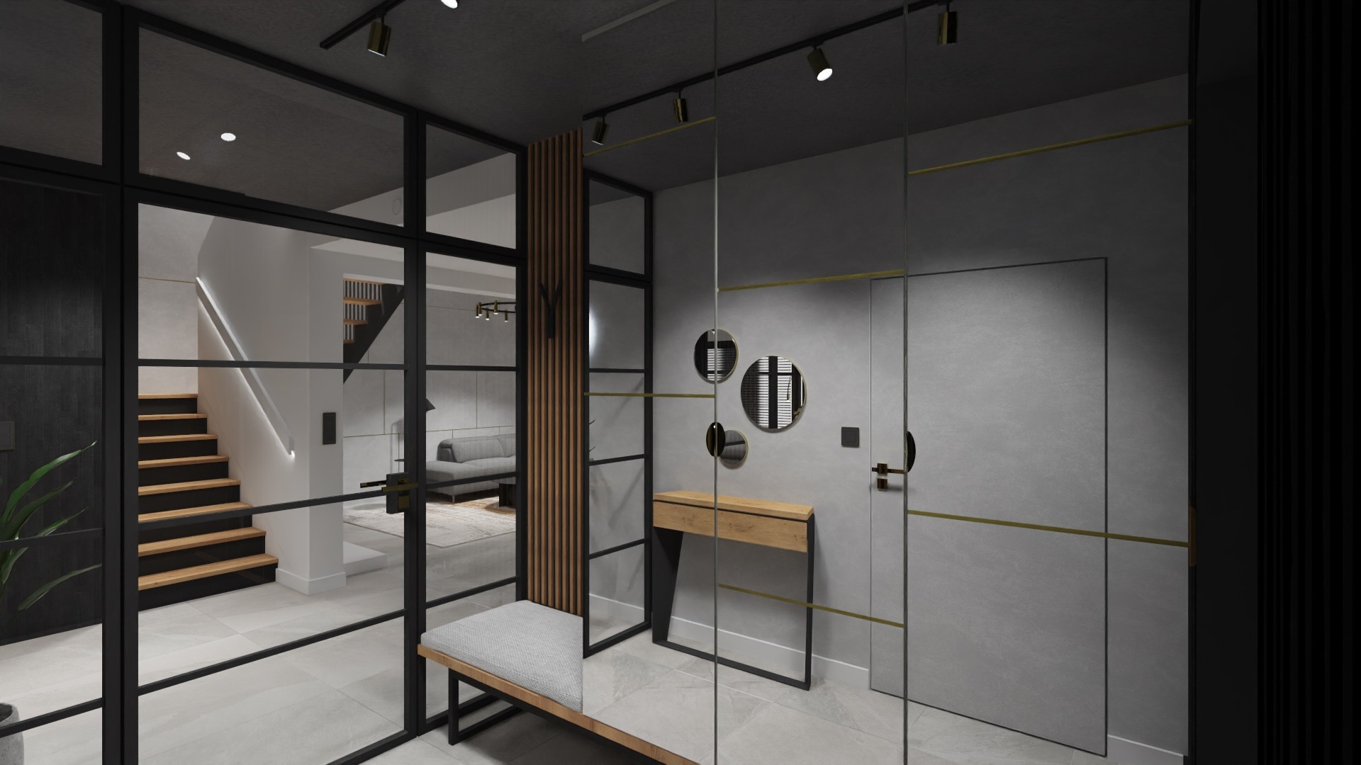 Nowoczesny przedpokój z szarą ławką, konsolą z lustrami i szklaną ścianą działową z czarnymi ramami, widok na schody i salon w tle.
