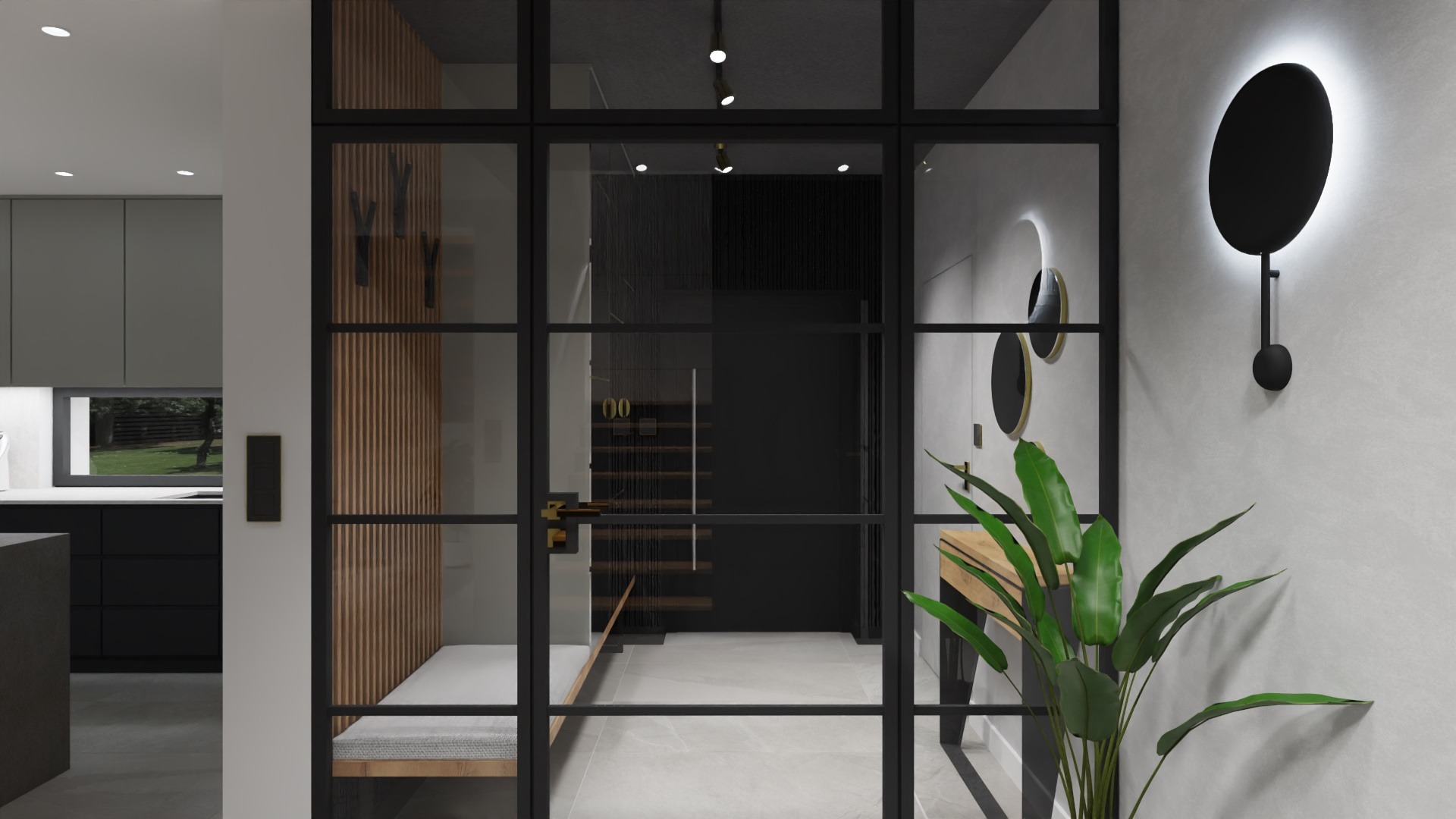 Nowoczesny przedpokój z czarną, przeszkloną ścianą działową, w tle widoczna kuchnia i schody, oświetlenie punktowe i dekoracyjne lampy ścienne.