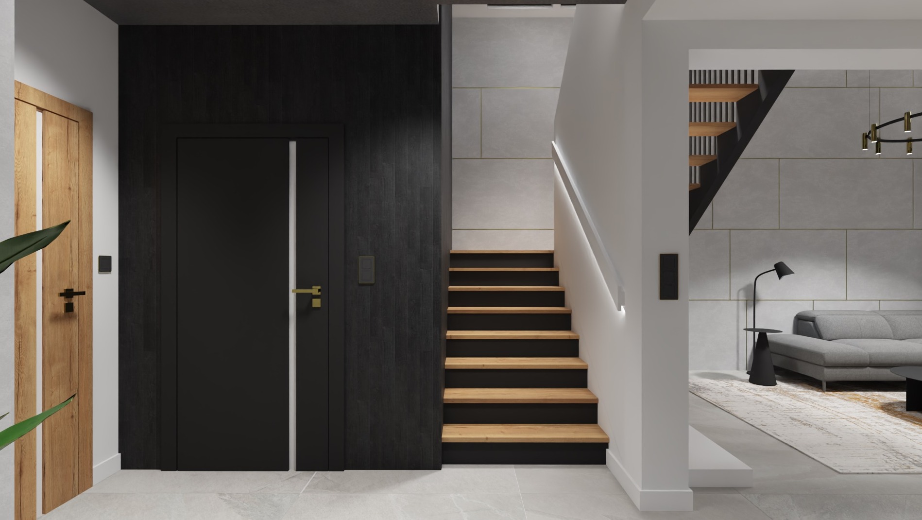 Nowoczesny przedpokój z czarnymi drzwiami z pionowym paskiem, drewnianymi schodami z podświetleniem LED i widokiem na salon z szarą sofą i lampą podłogową.