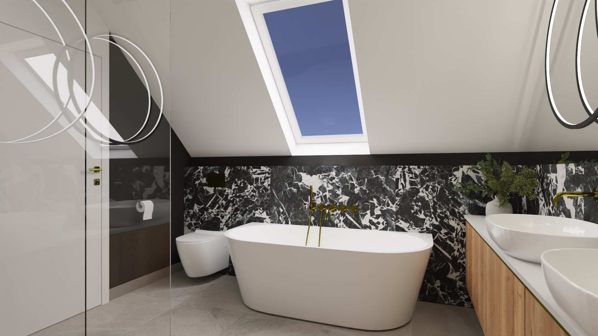 Nowoczesna łazienka na poddaszu z marmurową ścianą, owalną wanną wolnostojącą i dwoma umywalkami nablatowymi na drewnianej szafce, oświetlona oknem dachowym.