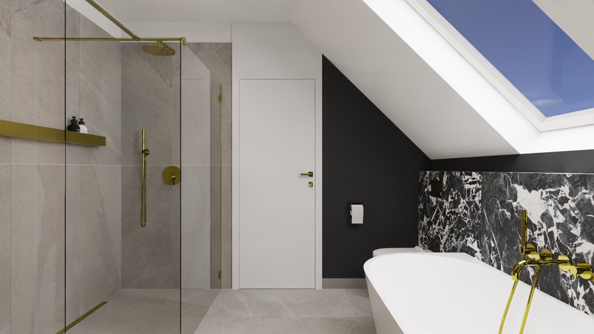 Nowoczesna łazienka na poddaszu z kabiną prysznicową typu walk-in, białą wanną wolnostojącą na tle czarno-białej marmurowej ściany i oknem dachowym z widokiem na błękitne niebo.