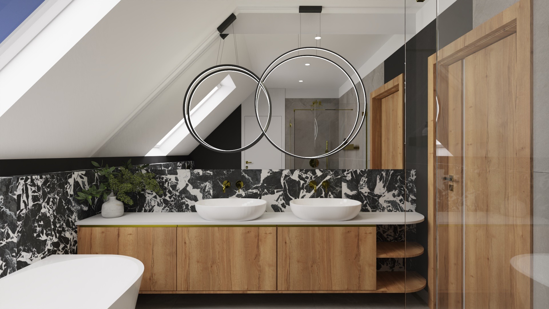 Nowoczesna łazienka na poddaszu ze skośnym sufitem, marmurową mozaiką na ścianie, podwójną umywalką nablatową, drewnianą szafką pod umywalką, okrągłymi lampami wiszącymi i kabiną prysznicową ze...