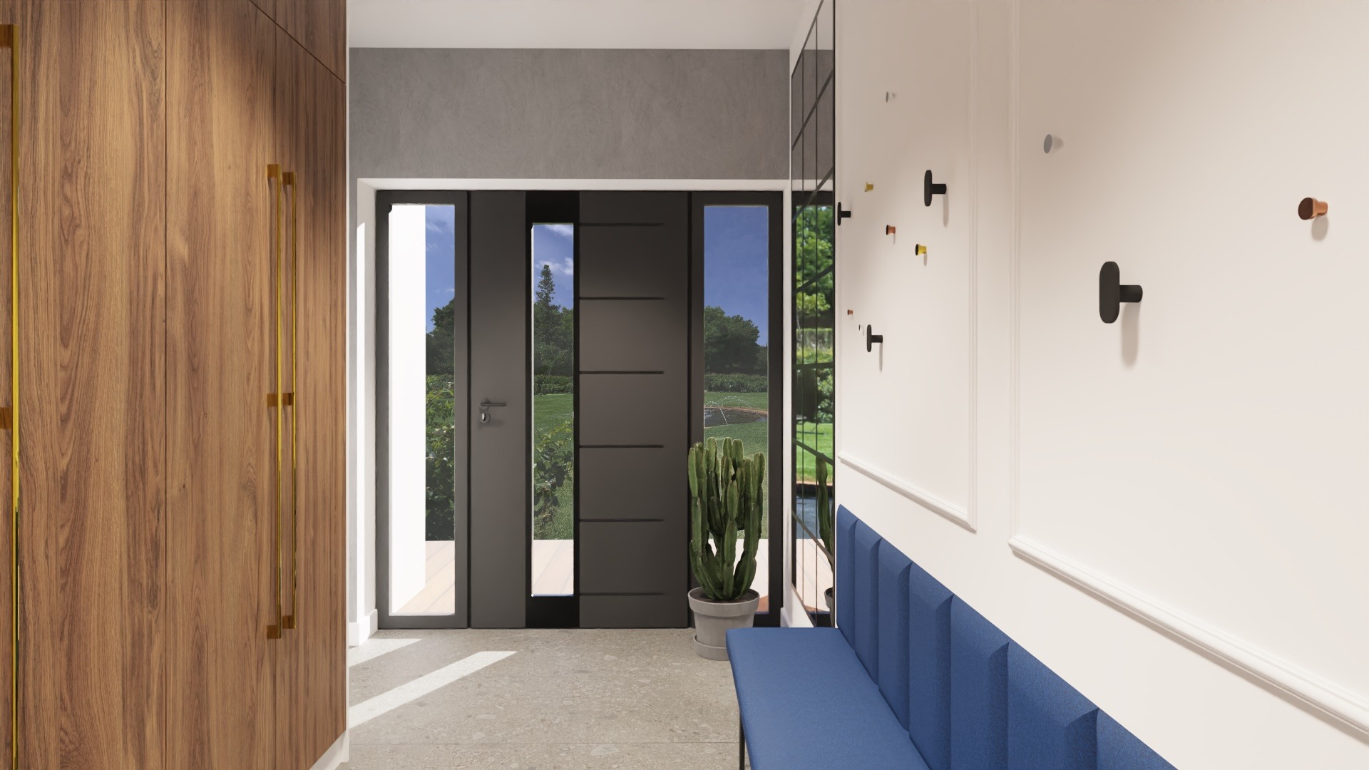 Nowoczesny przedpokój z drewnianą szafą, szarą ścianą, drzwiami z przeszkleniami wychodzącymi na ogród, niebieską ławką i minimalistycznymi wieszakami na białej ścianie.