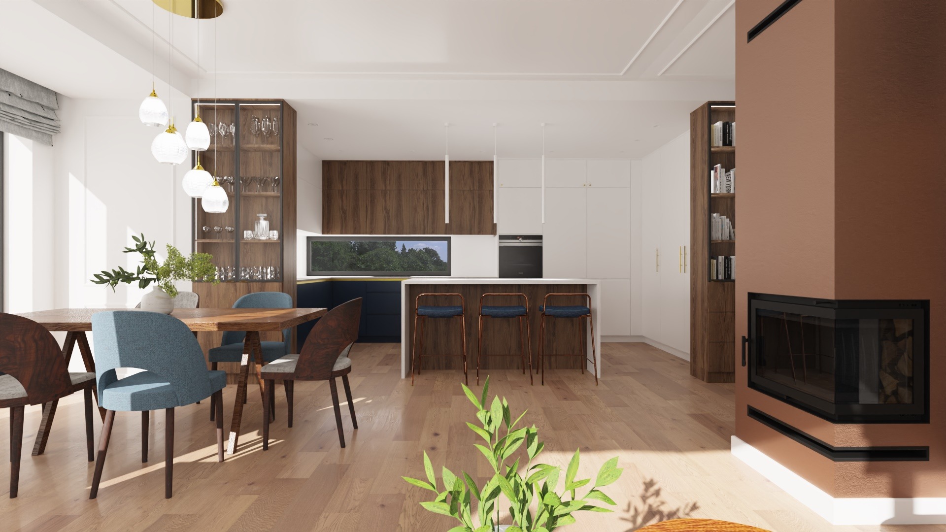 Jasne, przestronne wnętrze: jadalnia z drewnianym stołem i niebieskimi krzesłami, otwarta na kuchnię z wyspą i hokerami, w tle kominek w odcieniach miedzi.