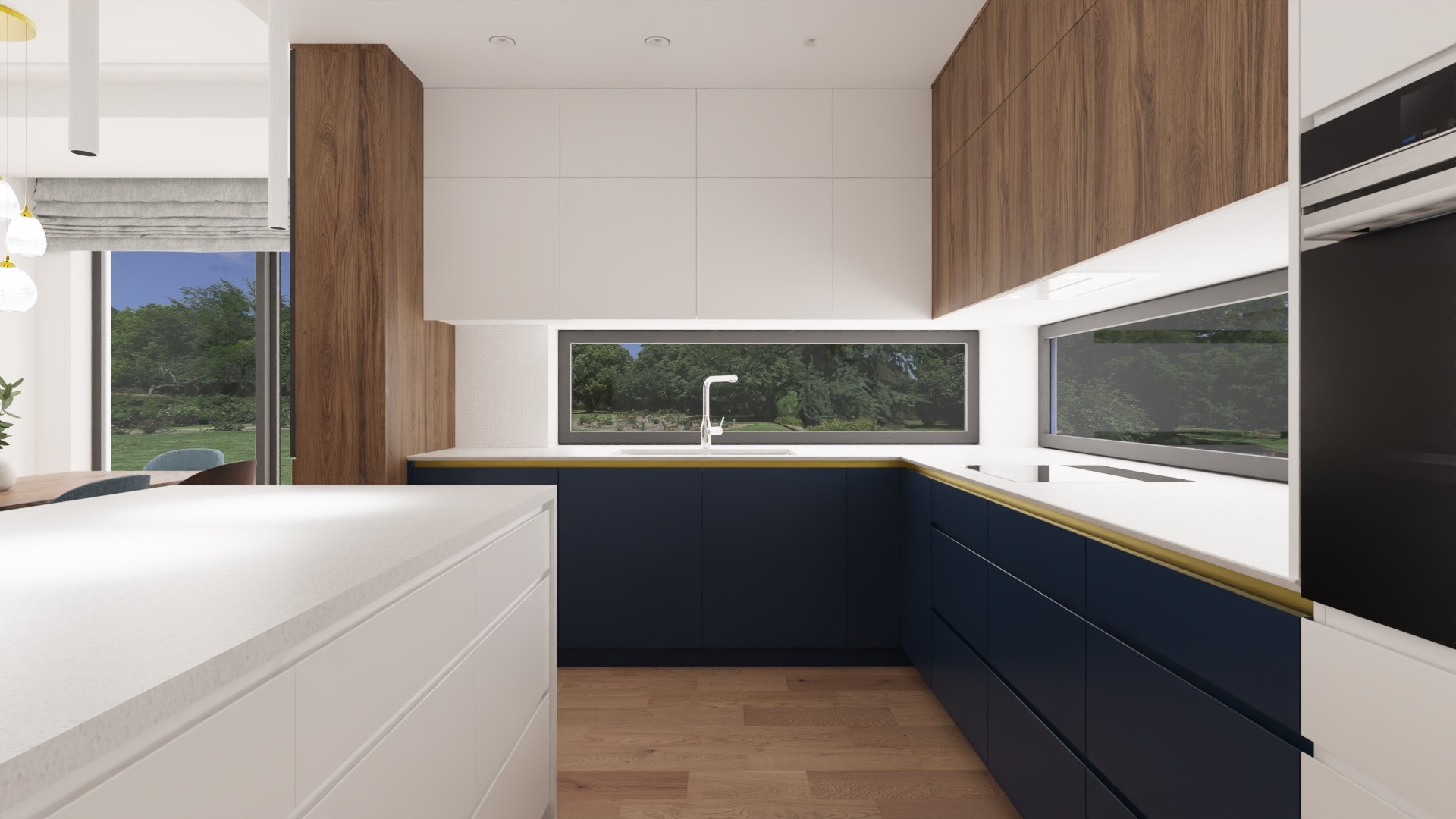Nowoczesna kuchnia z ciemnoniebieskimi szafkami, białymi blatami i drewnianymi akcentami, z widokiem na ogród przez długie okno nad zlewem.