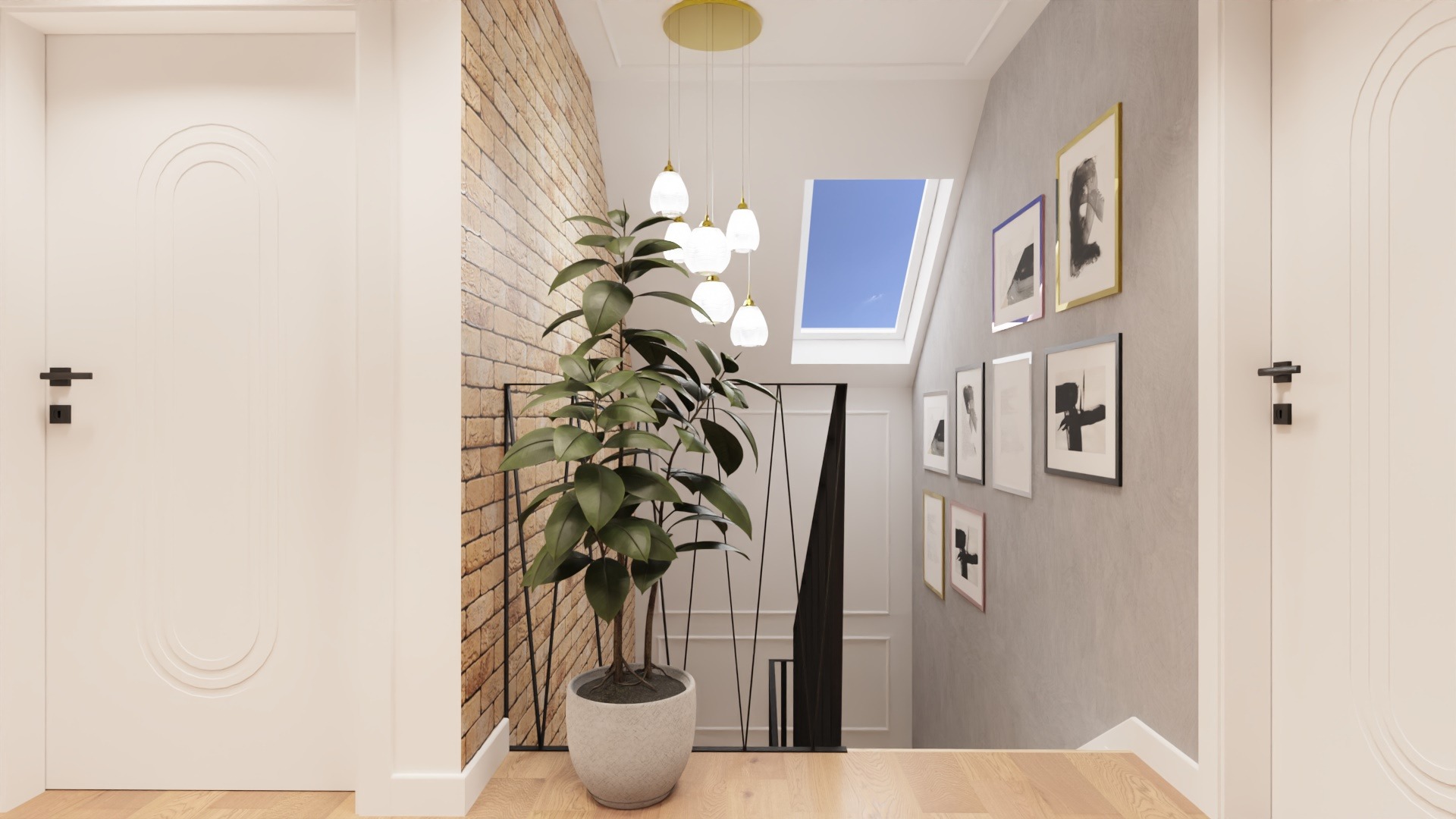 Korytarz z ceglaną ścianą, rośliną w szarej donicy, wiszącą lampą z białymi kloszami, schodami z czarną balustradą i galerią obrazów na szarej ścianie, oświetlony przez okno dachowe.