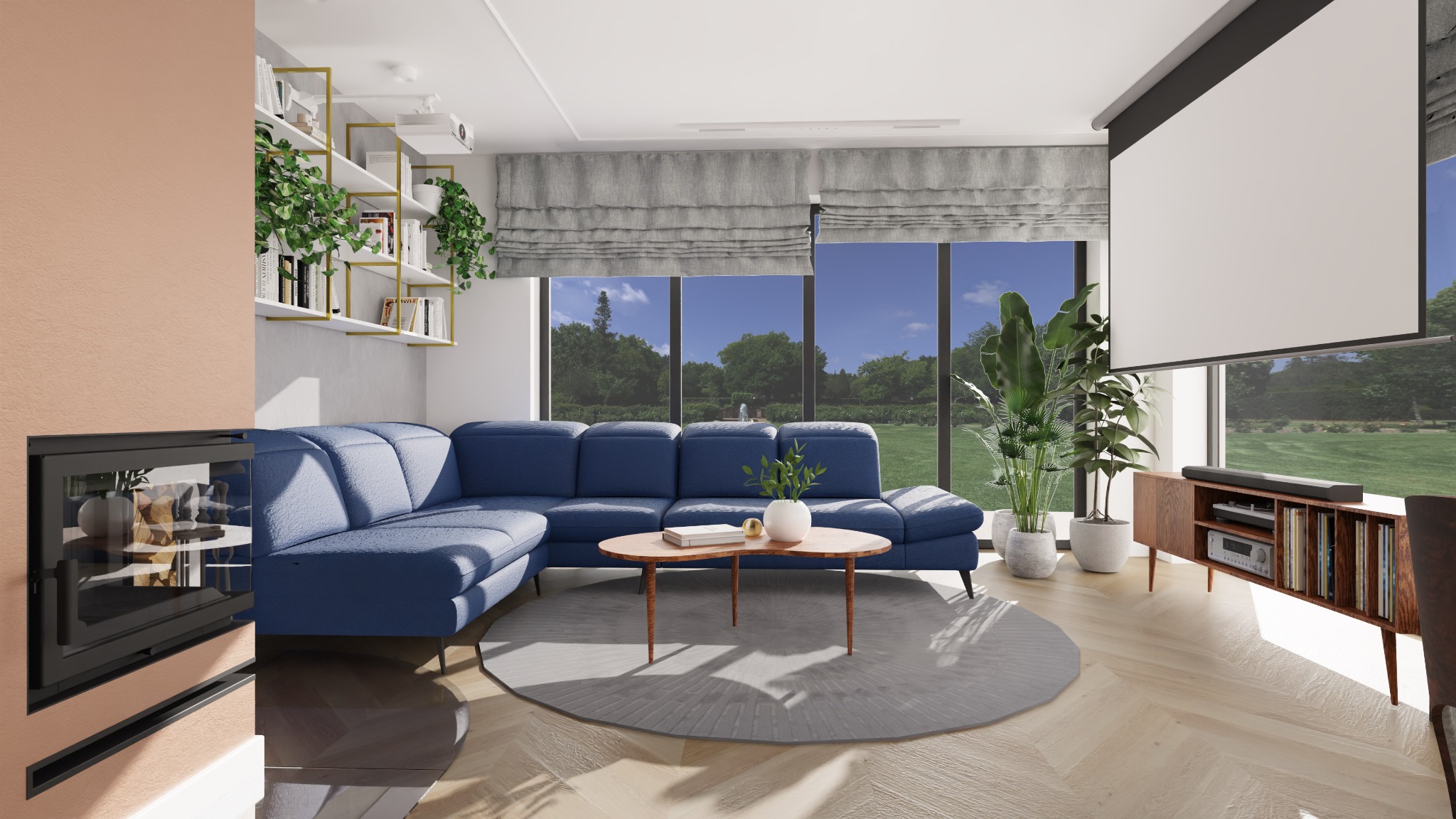 Salon z dużym oknem, niebieską sofą narożną, okrągłym dywanem i projektorem z ekranem, widok na zielony ogród, nowoczesny kominek wbudowany w ścianę.