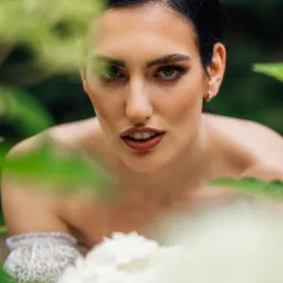 Portret kobiety z ciemnymi włosami i intensywnym makijażem oczu, spoglądającej wprost w obiektyw, otoczonej zielenią i białymi kwiatami, z delikatnym koronkowym rękawem widocznym w dolnej części...