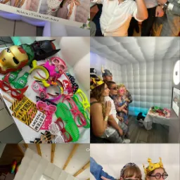 Kolaż zdjęć z imprezy w fotobudce z rekwizytami: maski superbohaterów, śmieszne okulary, korony. Widoczne osoby pozujące do zdjęć wewnątrz białej, dmuchanej fotobudki oraz gotowe wydruki ze zdjęciami.