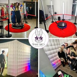 Bunny Party - organizacja imprez Ewelina Twarowska - Kolaż: obrotowa platforma z gośćmi, fotobudka z oświetleniem LED i grupą osób w przebraniach, logo firmy eventowej 'Bunny Party'.