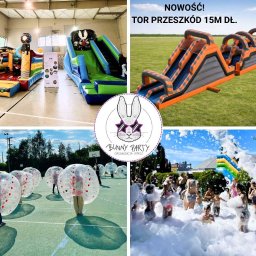 Bunny Party - organizacja imprez Ewelina Twarowska - Kolaż: dmuchańce (zjeżdżalnie, tor przeszkód), kule do chodzenia po wodzie, zabawa w pianie. Atrakcje eventowe na imprezy plenerowe i wewnątrz budynków.