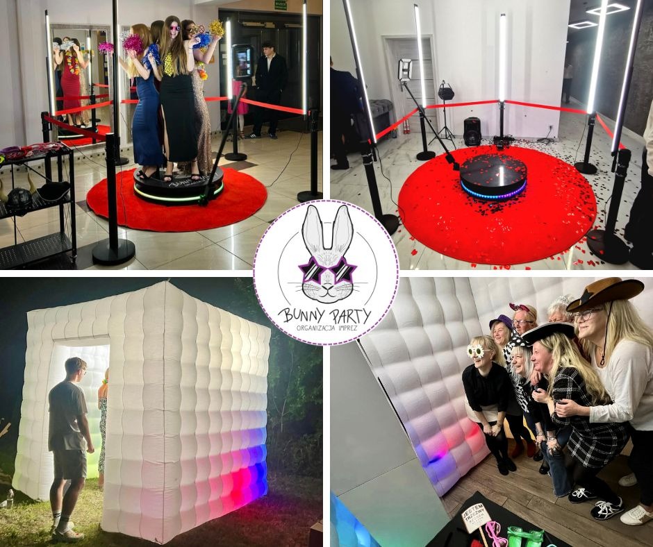 Kolaż: obrotowa platforma z gośćmi, fotobudka z oświetleniem LED i grupą osób w przebraniach, logo firmy eventowej 'Bunny Party'.