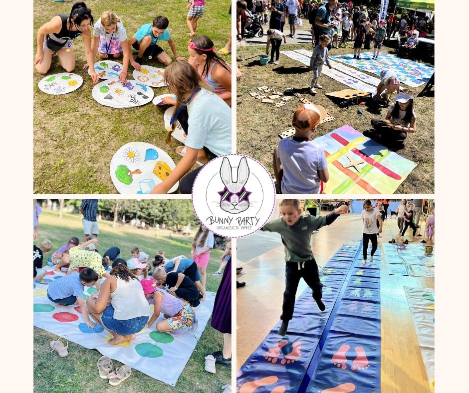 Kolaż z gier i zabaw na świeżym powietrzu: dzieci malują, grają w domino, twistera i skaczą po śladach stóp. Logo firmy 'Bunny Party' w centrum.