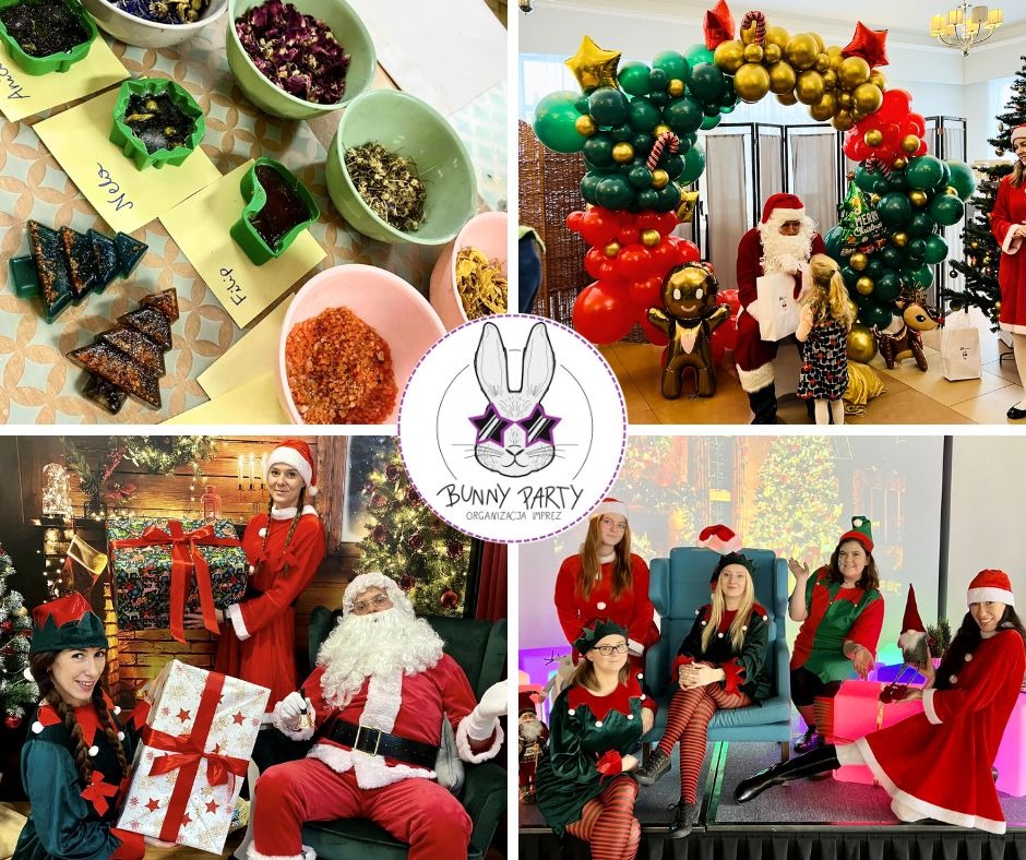 Kolaż z imprezy świątecznej: dekoracje balonowe, postacie w strojach Mikołaja i elfów, warsztaty kreatywne z barwnymi składnikami i logo firmy eventowej.