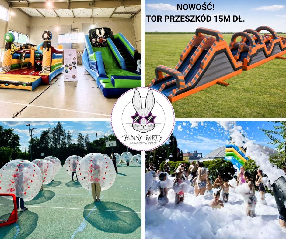 Kolaż: dmuchańce (zjeżdżalnie, tor przeszkód), kule do chodzenia po wodzie, zabawa w pianie. Atrakcje eventowe na imprezy plenerowe i wewnątrz budynków.