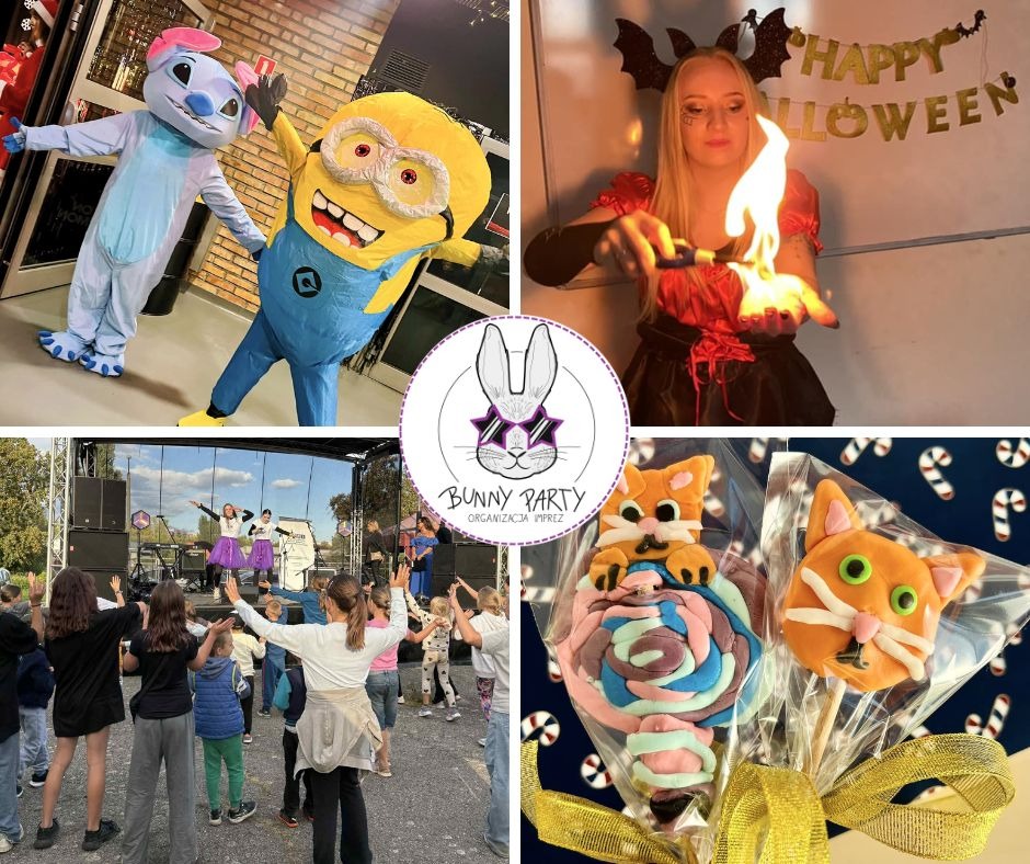 Kolaż z imprez: animatorzy w kostiumach, iluzjonistka z ogniem, koncert dla dzieci i lizaki w kształcie kotów, logo Bunny Party.