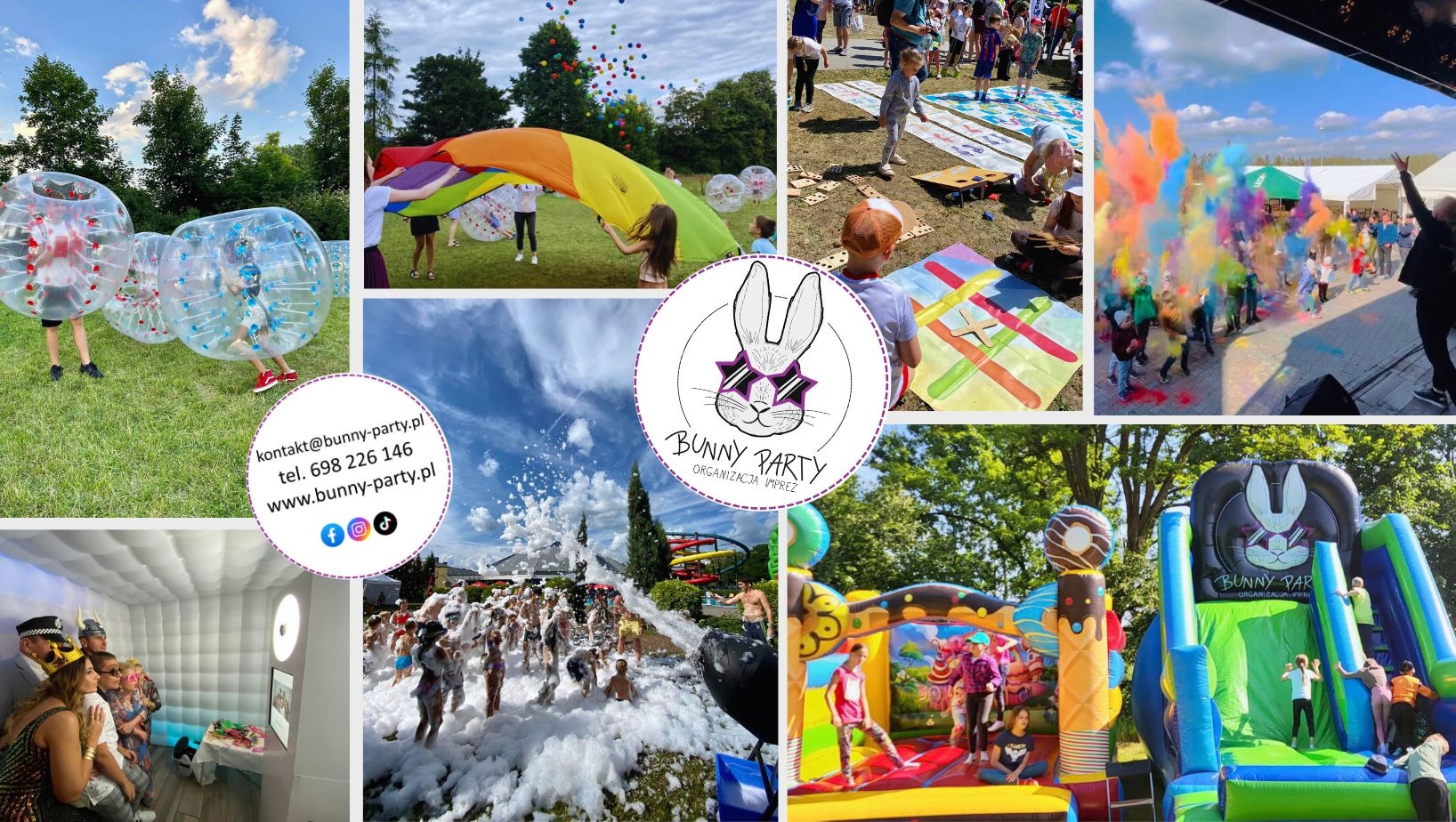 Kompozycja zdjęć z imprez: dmuchańce, fotobudka, zabawy z animatorem, kolorowe proszki, bańki mydlane, kule zorbingowe. Logo firmy Bunny Party w centrum.