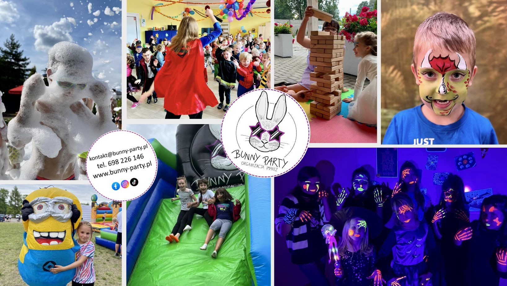 Kolaż zdjęć z imprez dla dzieci: zabawy z pianą, malowanie twarzy, dmuchańce, animacje z kostiumami i gry zespołowe. Logo firmy Bunny Party w centrum.