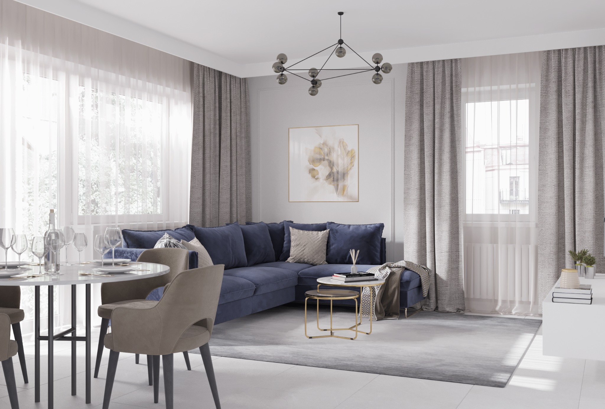 Nowoczesny salon z narożną sofą w odcieniach granatu, okrągłym stołem jadalnym z marmurowym blatem, szarym dywanem i designerską lampą sufitową.