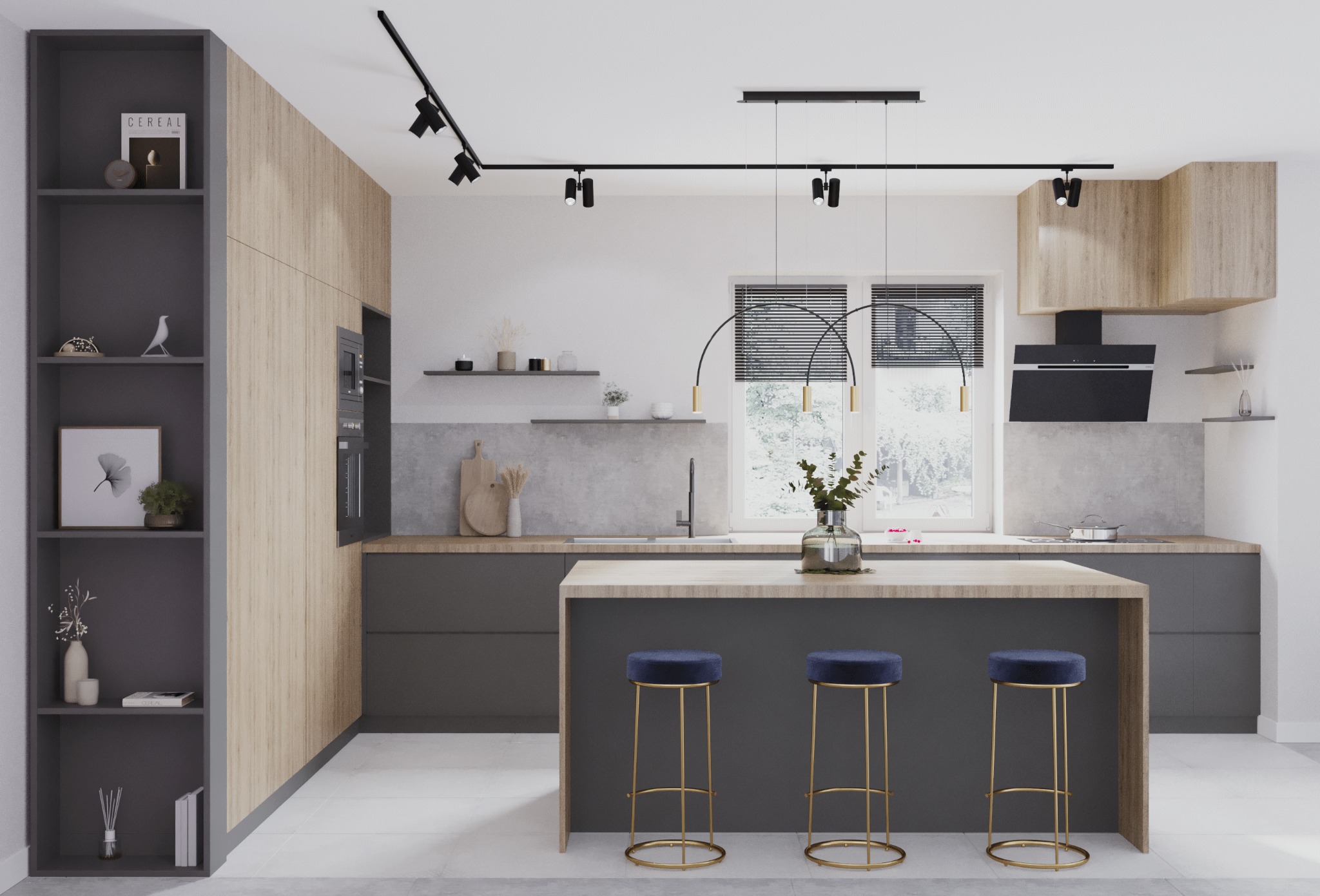 Nowoczesna kuchnia w Warszawie z wyspą, trzema barowymi krzesłami z granatowymi siedziskami, oświetleniem szynowym i dekoracyjnymi półkami z książkami i ozdobami.