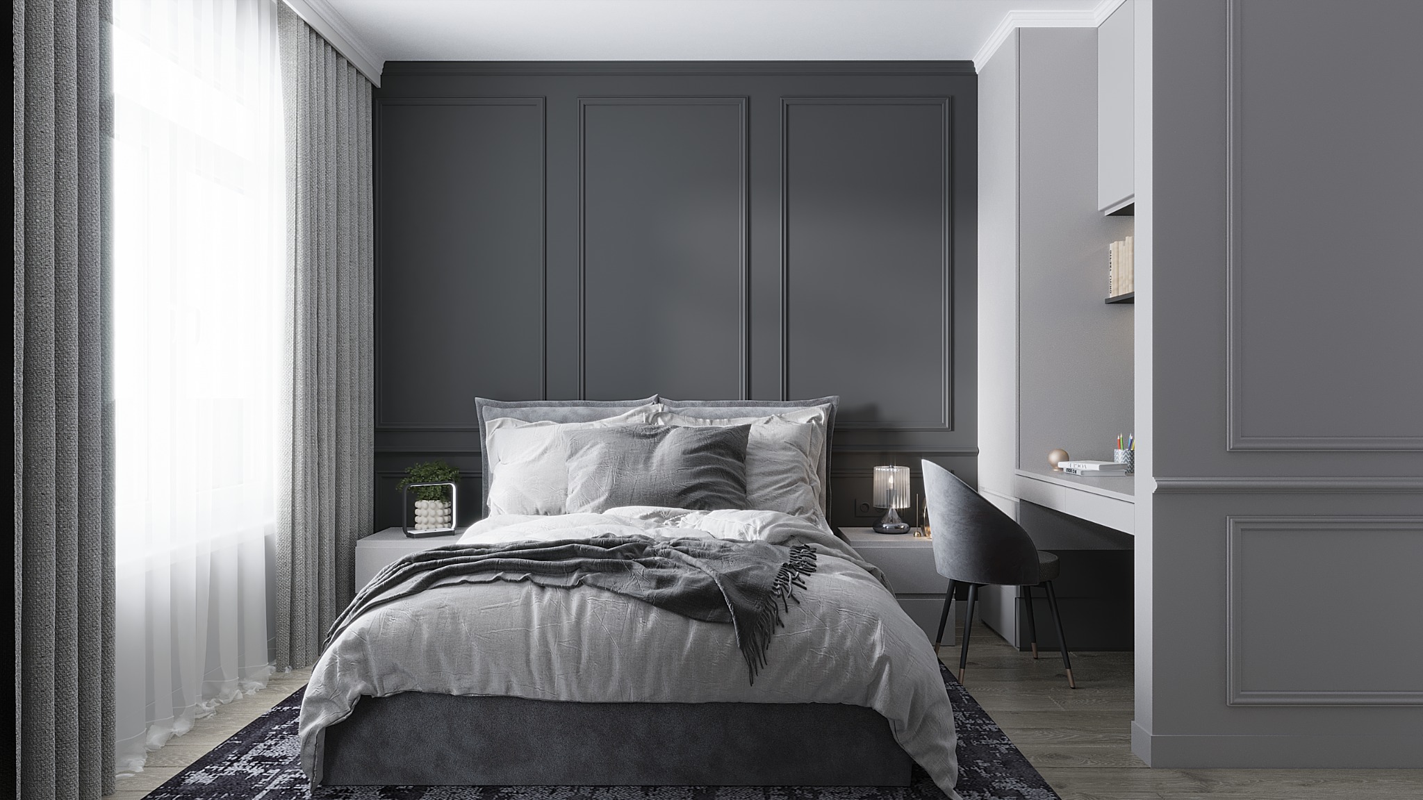 Elegancka sypialnia w odcieniach szarości z łóżkiem, biurkiem i dekoracyjną ścianą panelową.