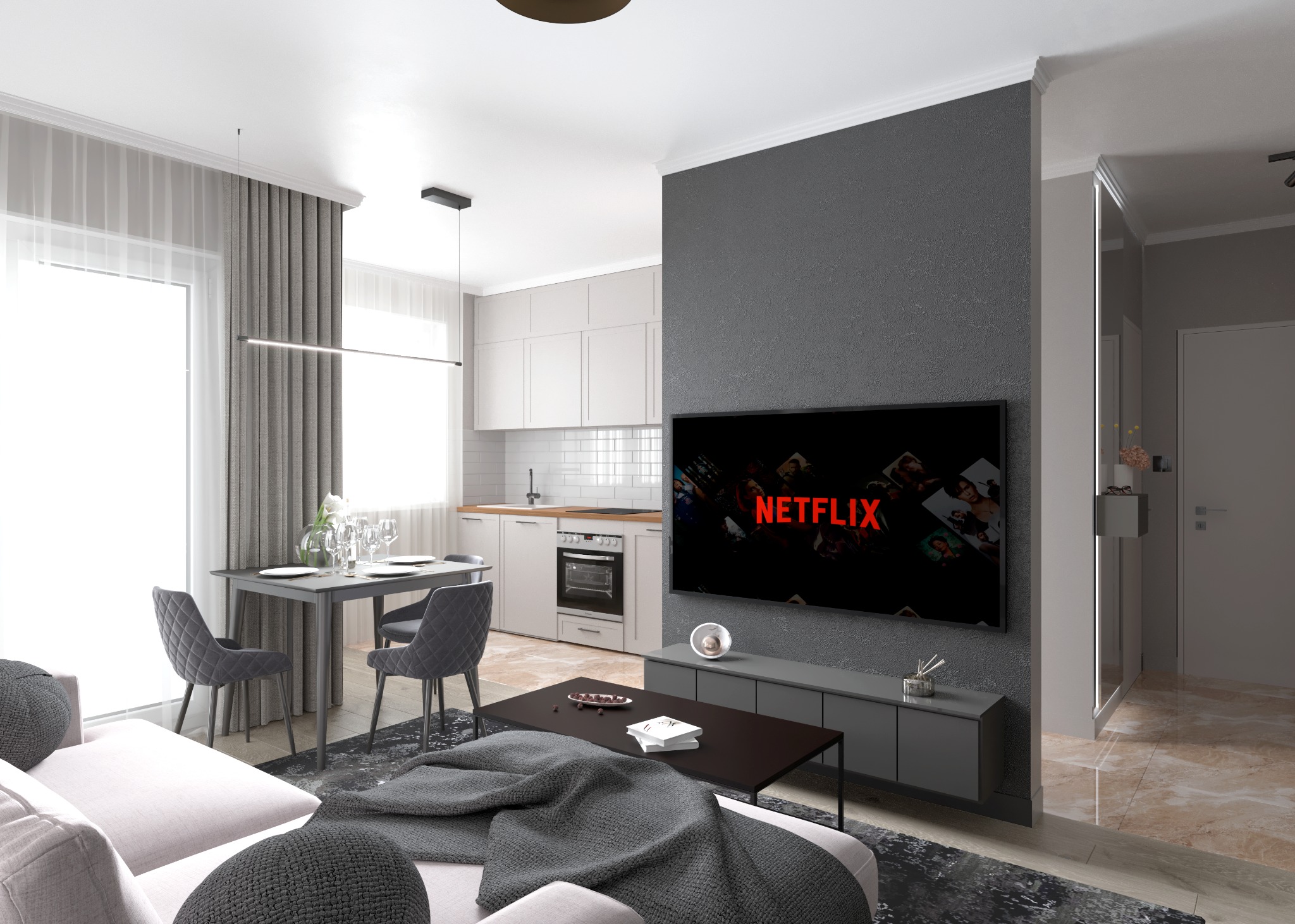 Wizualizacja nowoczesnego salonu z aneksem kuchennym, szara ściana z telewizorem z logiem Netflix, jasna sofa z szarymi poduszkami i kocem, stół jadalny z krzesłami, białe meble kuchenne, marmurowa...