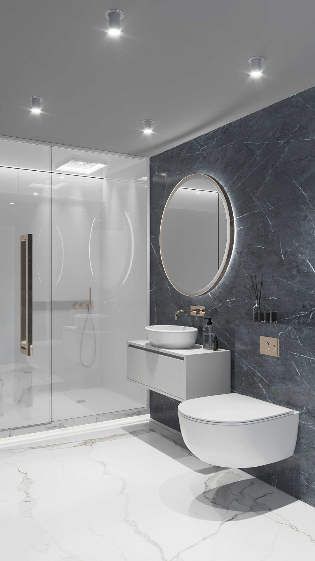 Nowoczesna łazienka z marmurową ścianą, okrągłym lustrem z podświetleniem LED, wiszącą toaletą i przeszkloną kabiną prysznicową.
