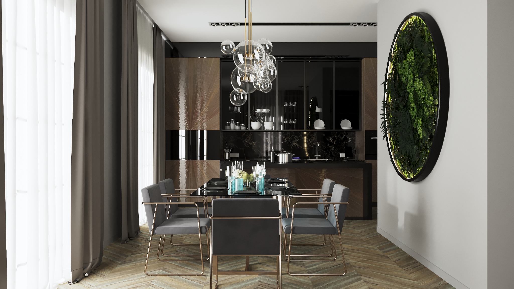 Nowoczesna jadalnia z czarnym stołem, szarymi krzesłami z metalowymi nogami, podłogą w jodełkę, oryginalnym żyrandolem z przezroczystych kul, zabudową kuchenną z elementami drewna i czarnego...