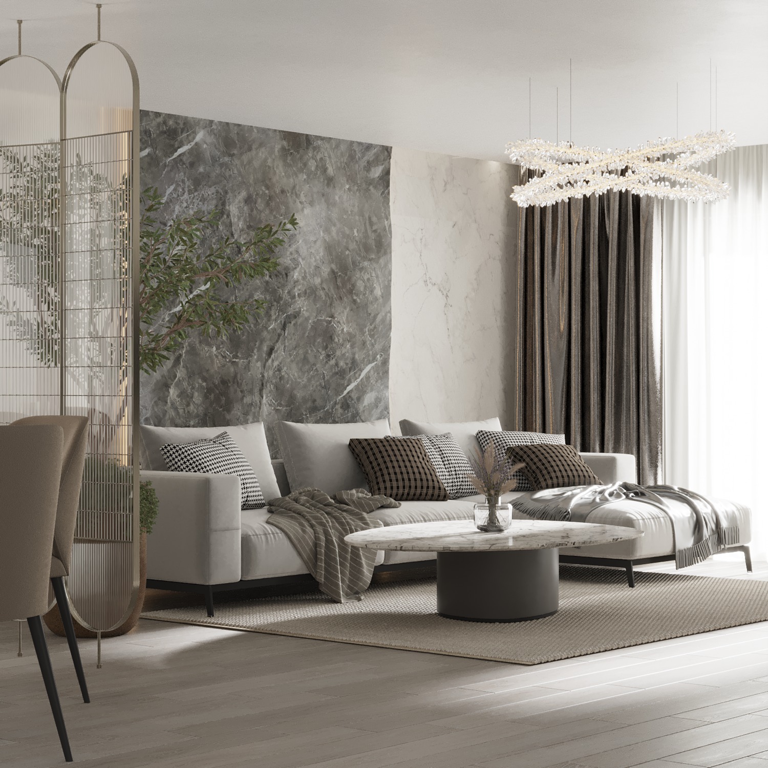 Elegancki salon z szarą marmurową ścianą, beżową sofą z wzorzystymi poduszkami, okrągłym stolikiem kawowym z marmurowym blatem i dekoracyjnym żyrandolem kryształowym.