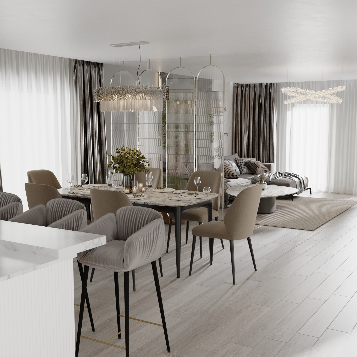 Jasne wnętrze z jadalnią, marmurowym stołem i krzesłami w kolorze taupe, widok na salon z szarą sofą i okrągłym stolikiem kawowym, całość doświetlona nowoczesnymi lampami.