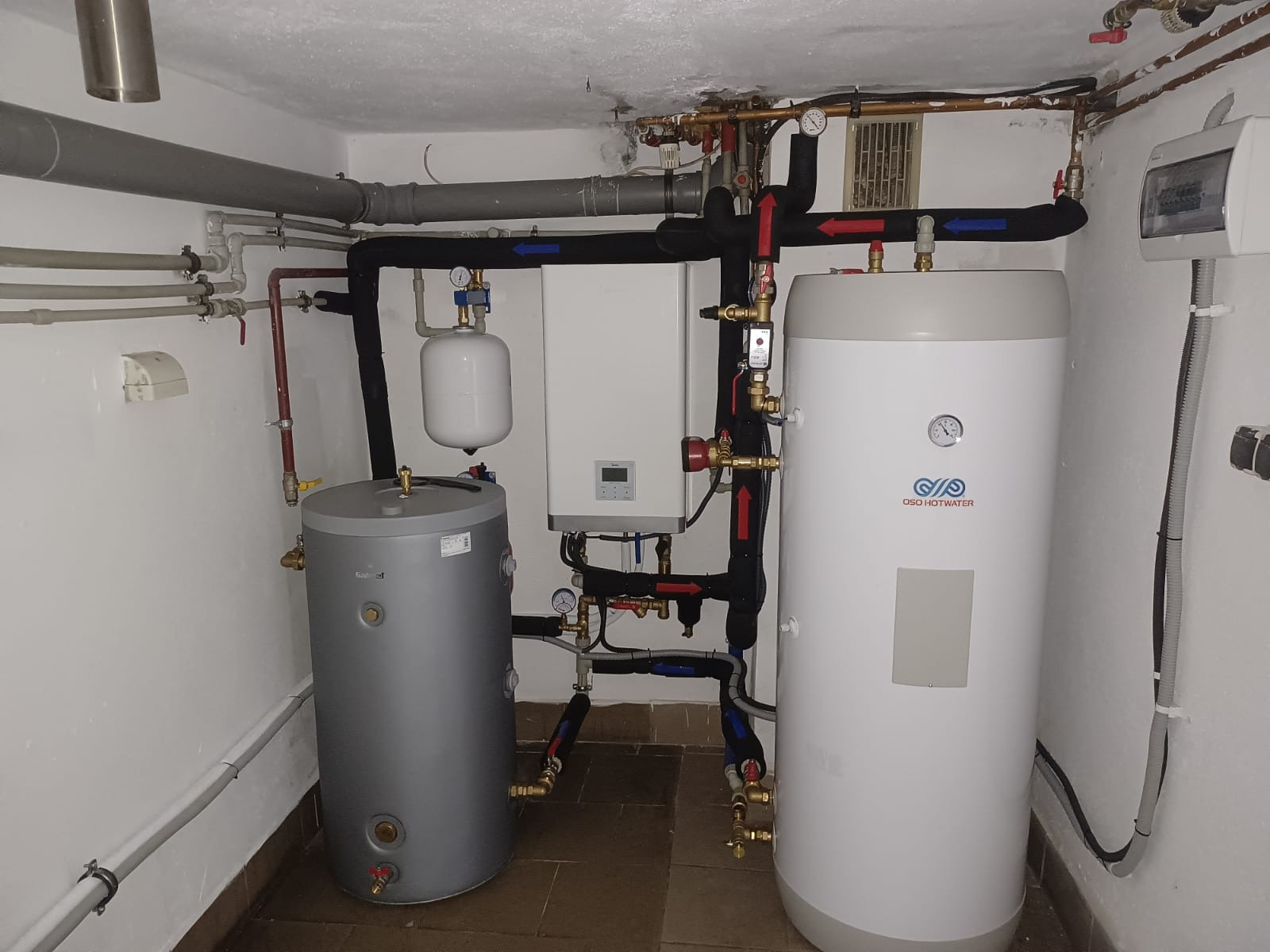 Kotłownia z dwoma zasobnikami ciepłej wody, kotłem grzewczym i rozbudowaną instalacją hydrauliczną z czarnymi rurami oznaczonymi strzałkami, manometrami i zaworami.