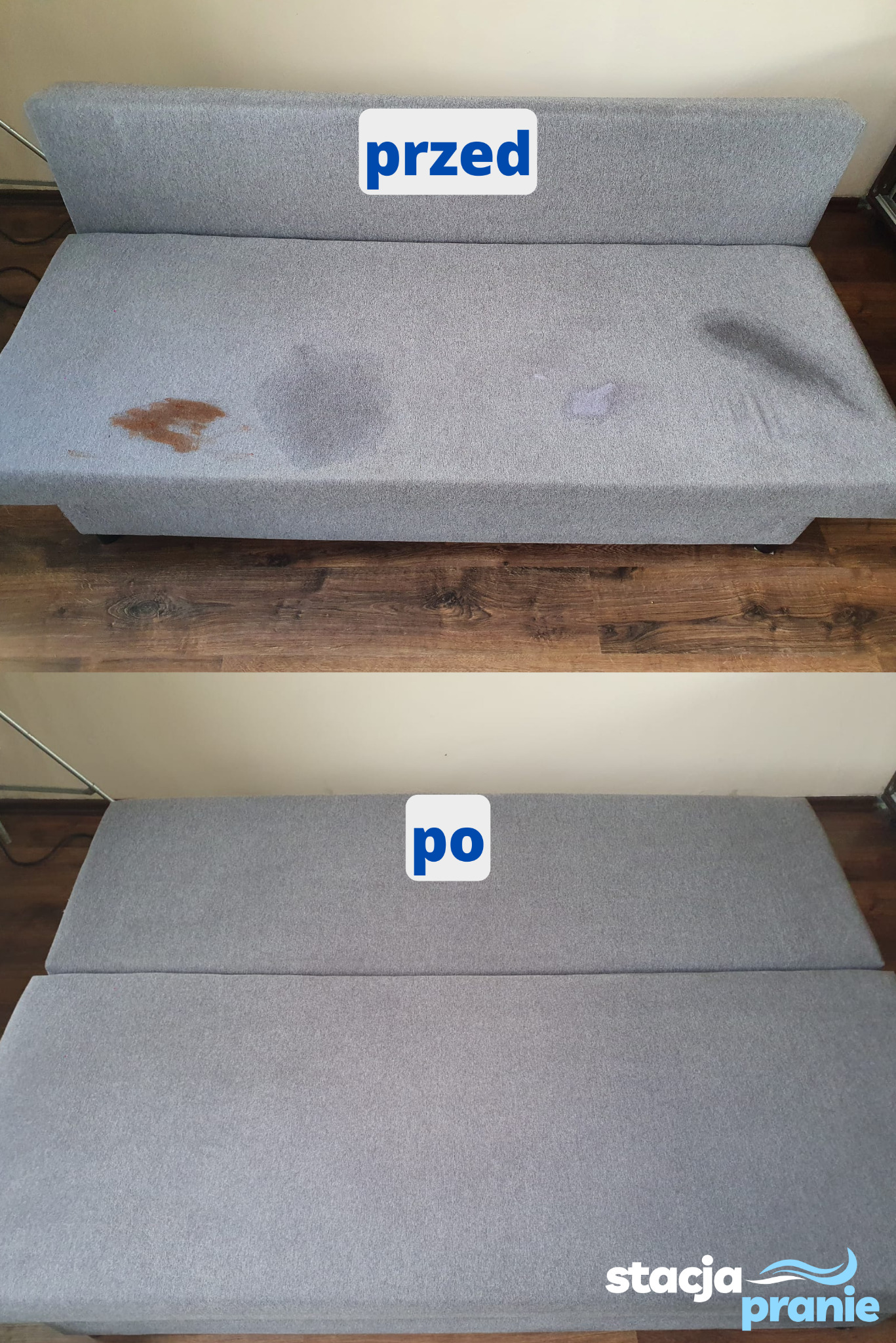 Szara kanapa przed i po czyszczeniu, widoczne plamy usunięte, na górze napis 'przed', na dole napis 'po', w prawym dolnym rogu logo 'stacja pranie'.
