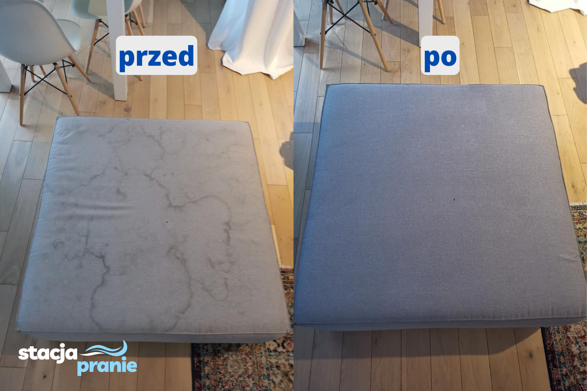 Porównanie poduszki siedziska przed i po czyszczeniu, widoczne plamy usunięte, na drewnianej podłodze, z logo firmy w rogu.