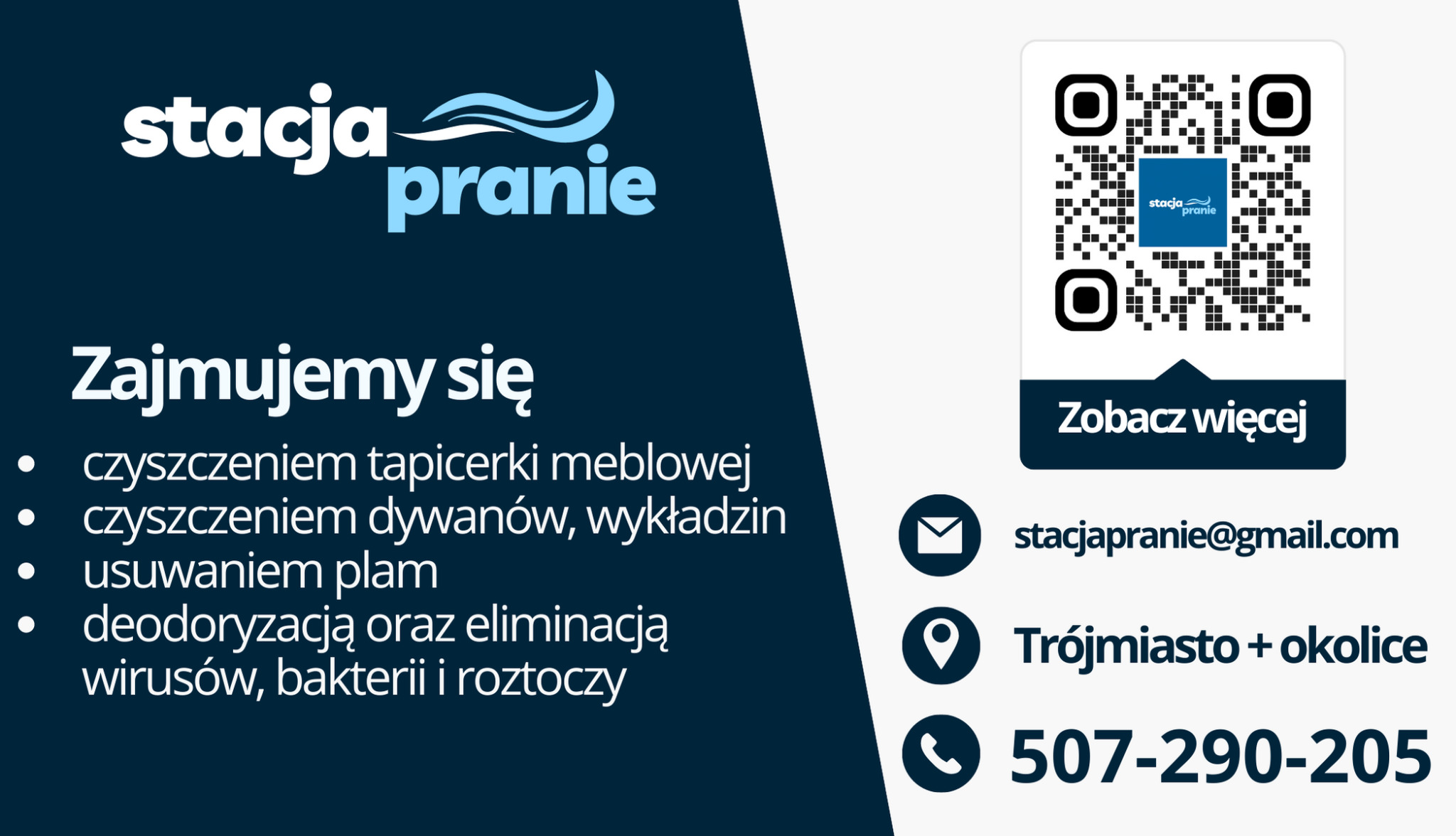 Grafika reklamowa firmy oferującej czyszczenie tapicerki meblowej, dywanów i wykładzin, z informacjami kontaktowymi i kodem QR.