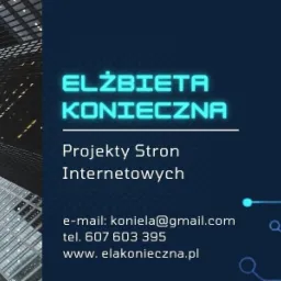 Wizytówka z danymi kontaktowymi Elżbiety Koniecznej, zajmującej się projektowaniem stron internetowych, z nowoczesnym motywem elektronicznym i zdjęciem wieżowca w tle.