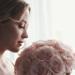 Panna młoda z blond włosami, profil, z zamkniętymi oczami wącha bukiet jasnoróżowych róż na tle rozświetlonego okna.