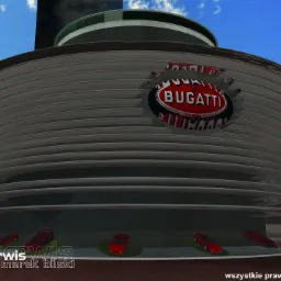 Wizualizacja architektoniczna budynku salonu samochodowego Bugatti z charakterystyczną bryłą i logo, prezentująca czerwone sportowe auta oraz postać w garniturze.