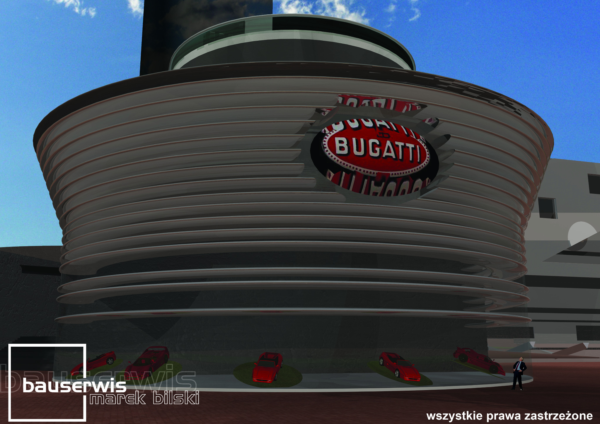 Wizualizacja architektoniczna budynku salonu samochodowego Bugatti z charakterystyczną bryłą i logo, prezentująca czerwone sportowe auta oraz postać w garniturze.