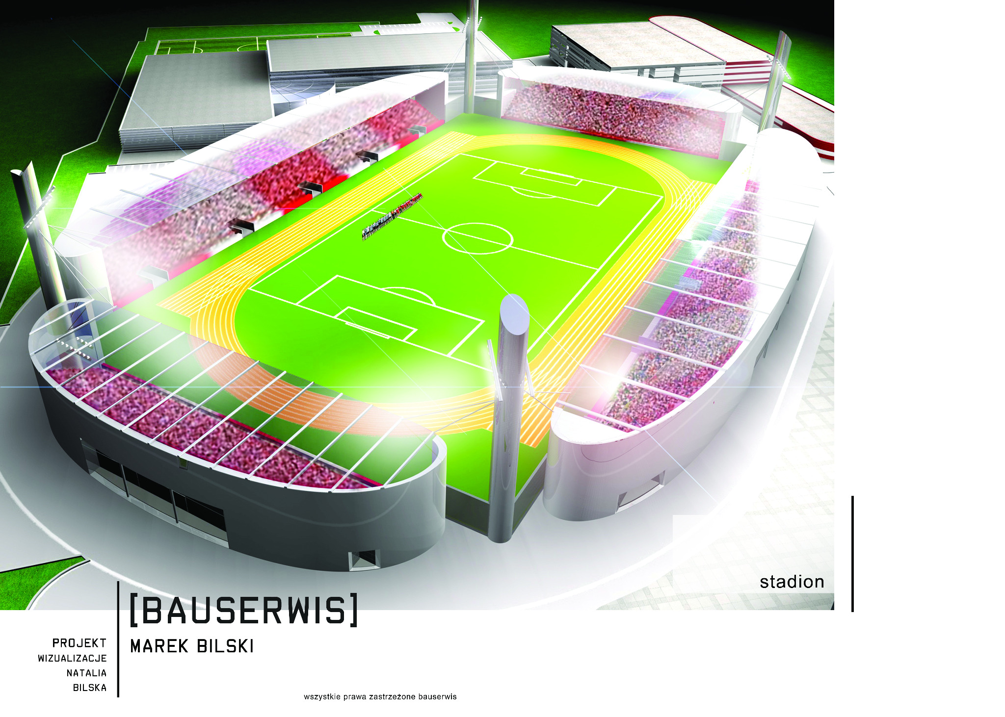 Wizualizacja stadionu z bieżnią lekkoatletyczną i trybunami, z widocznym boiskiem piłkarskim i oświetleniem, prezentująca projekt architektoniczny.