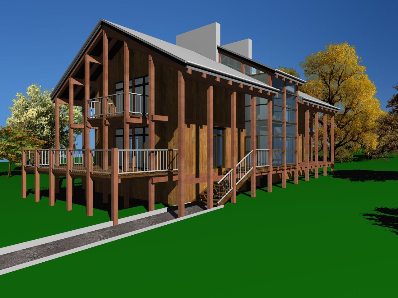 Wizualizacja 3D domu z drewnianą konstrukcją szkieletową, balkonami i dużymi przeszkleniami, otoczonego zielenią i drzewami w jesiennej kolorystyce.