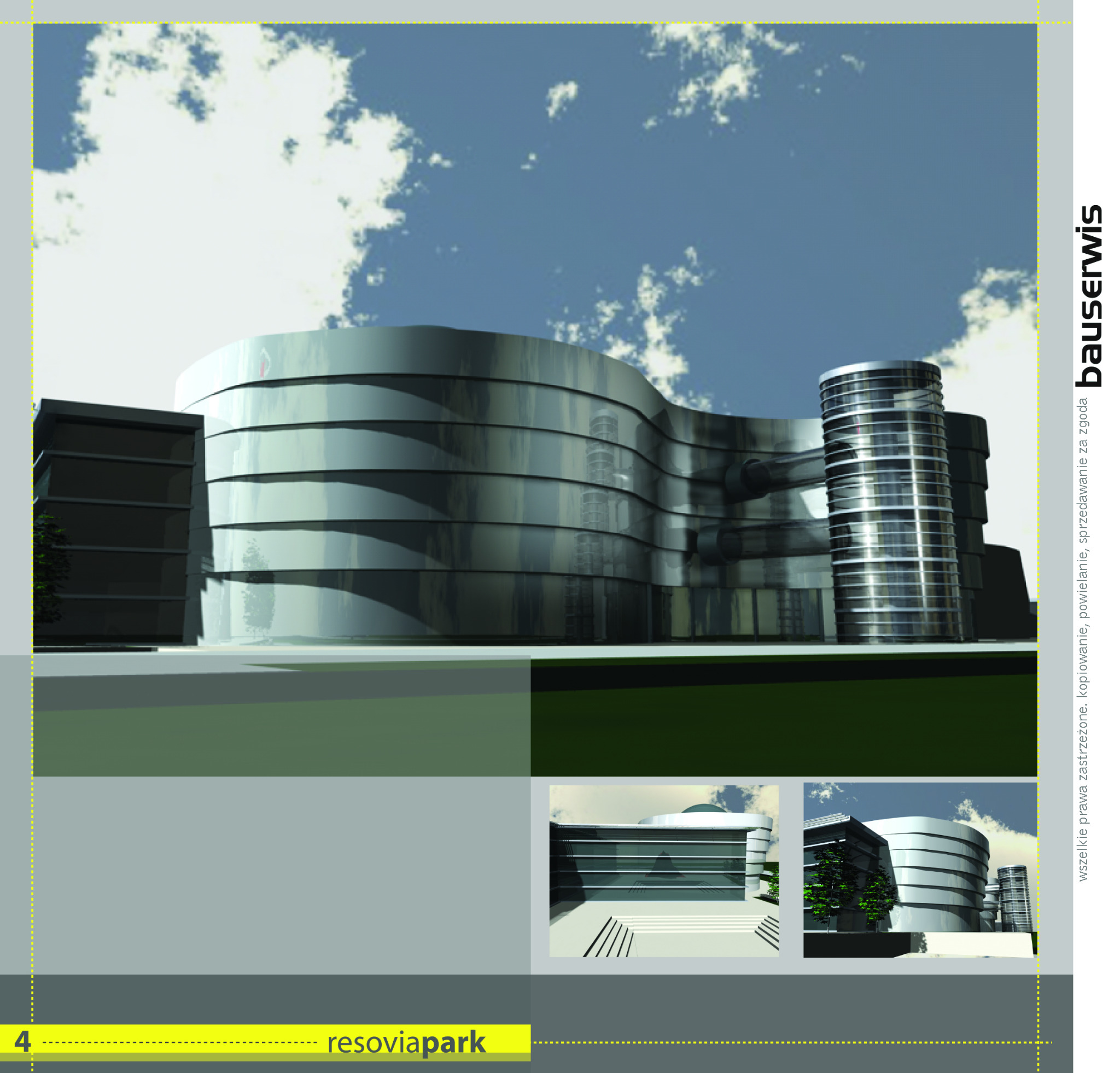 Wizualizacja nowoczesnego budynku biurowego z cylindryczną wieżą, wykonana w programie graficznym, na tle błękitnego nieba z chmurami.