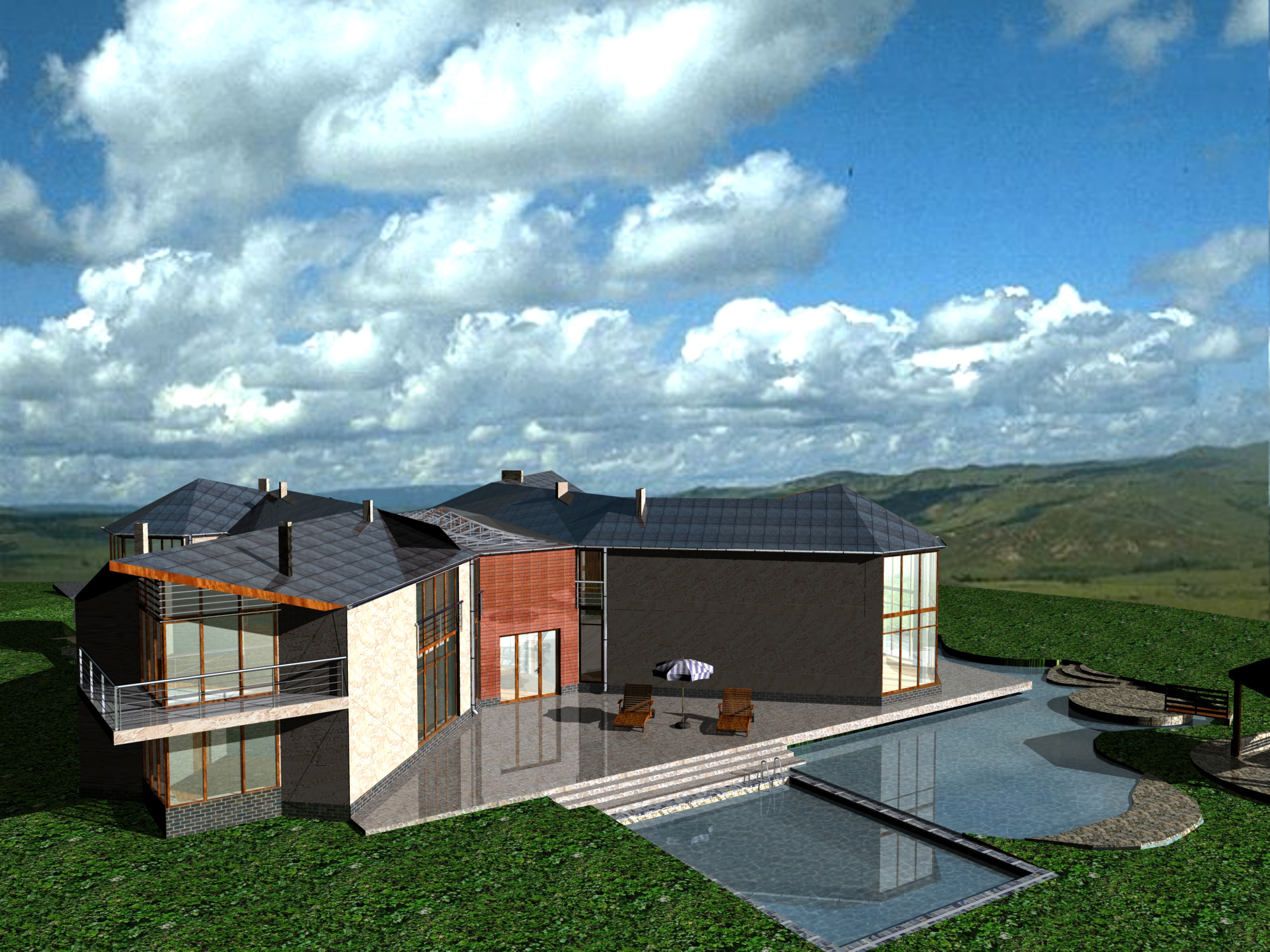 Wizualizacja 3D nowoczesnego domu z basenem i tarasem, z widocznymi detalami elewacji, dachu i otoczenia, w słoneczny dzień.