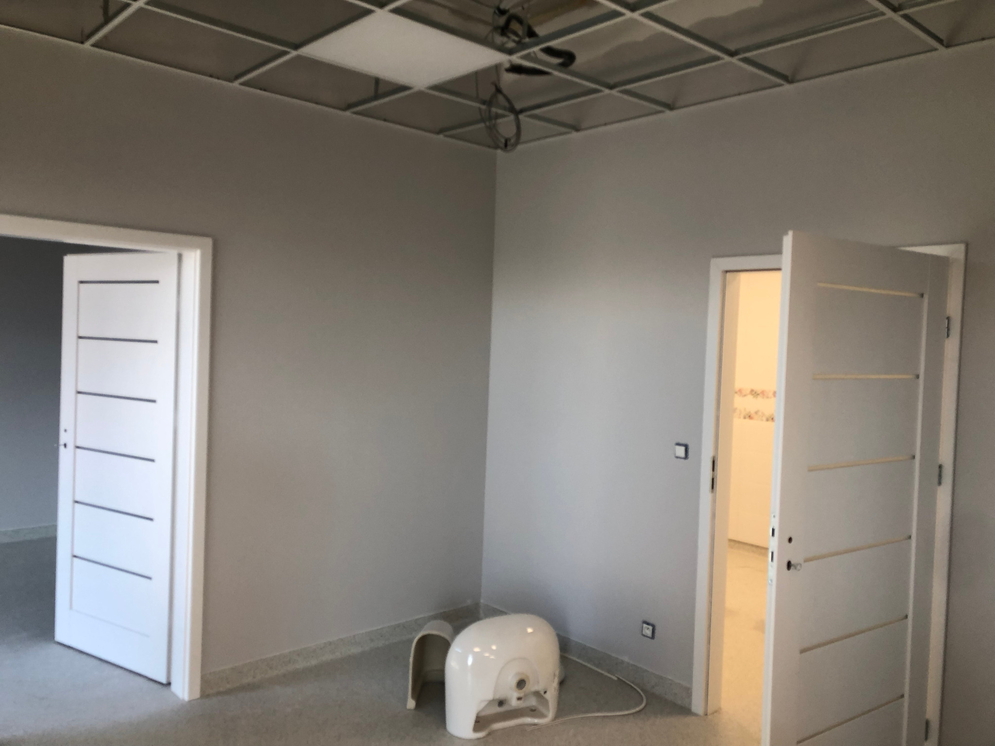 Wnętrze po malowaniu ścian na szaro we Wrocławiu, z widocznym sufitem podwieszanym, dwoma białymi drzwiami z poziomymi frezami oraz sprzętem malarskim przy ścianie.