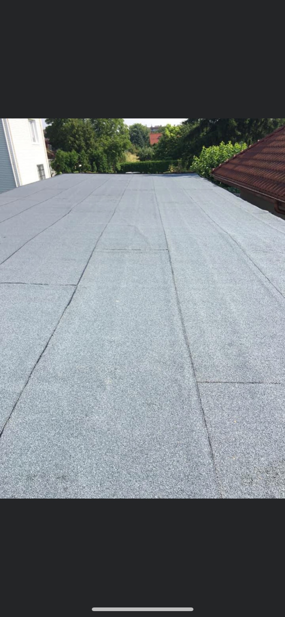 Szczelny, płaski dach pokryty papą termozgrzewalną, widoczne zgrzewy i faktura materiału, w tle zieleń drzew i fragment budynku.