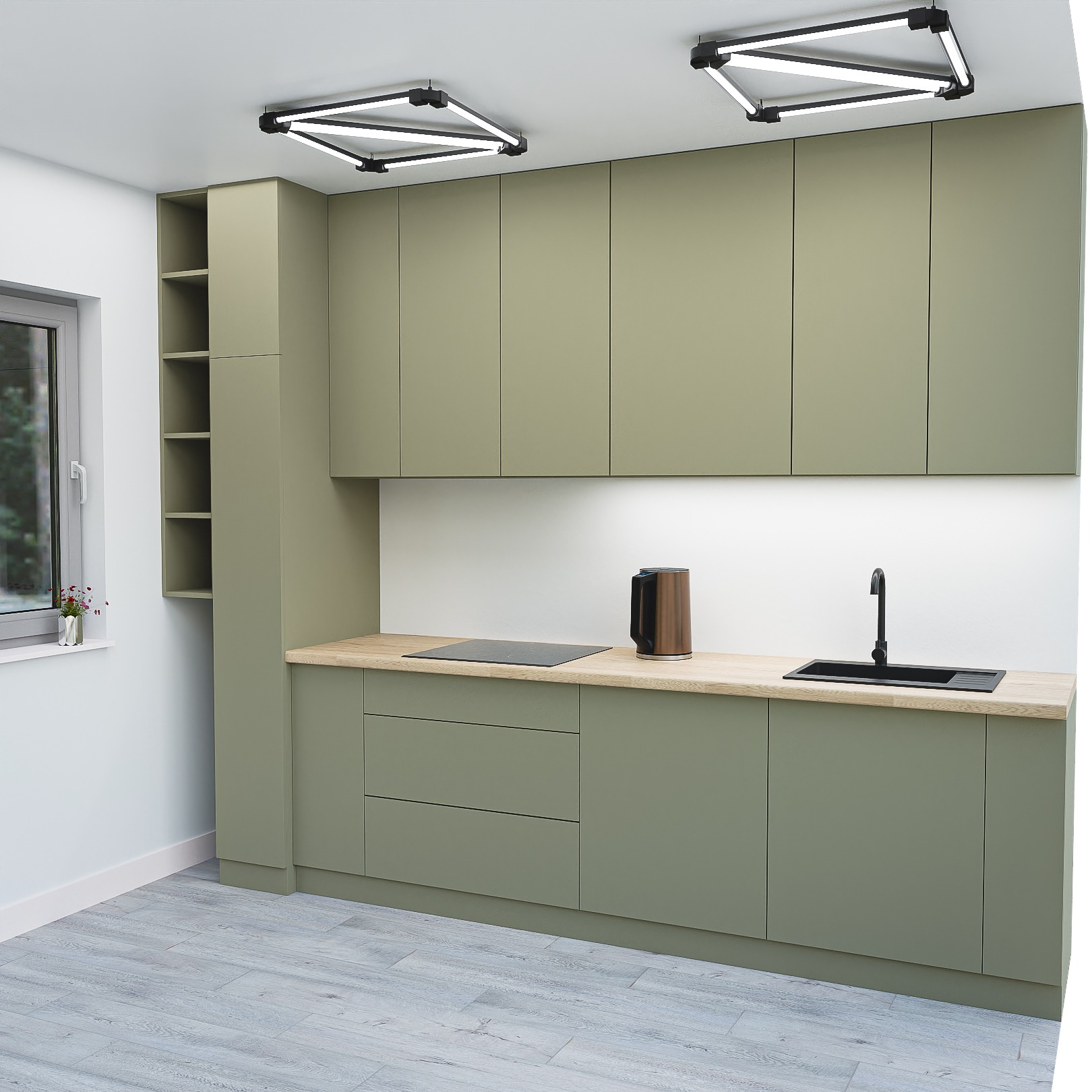 Nowoczesna kuchnia w odcieniach zieleni z drewnianym blatem, czarnym zlewem i płytą indukcyjną. Minimalistyczne oświetlenie sufitowe i jasna podłoga.