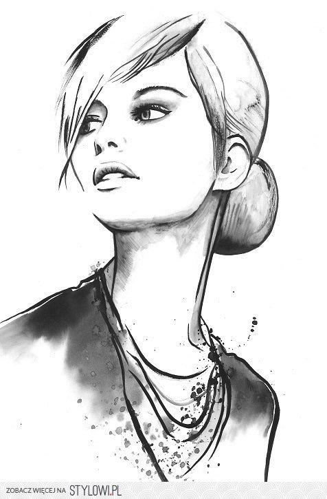 Czarno-biały szkic kobiety z upiętymi włosami, zarysowanymi rysami twarzy i delikatnym cieniowaniem.