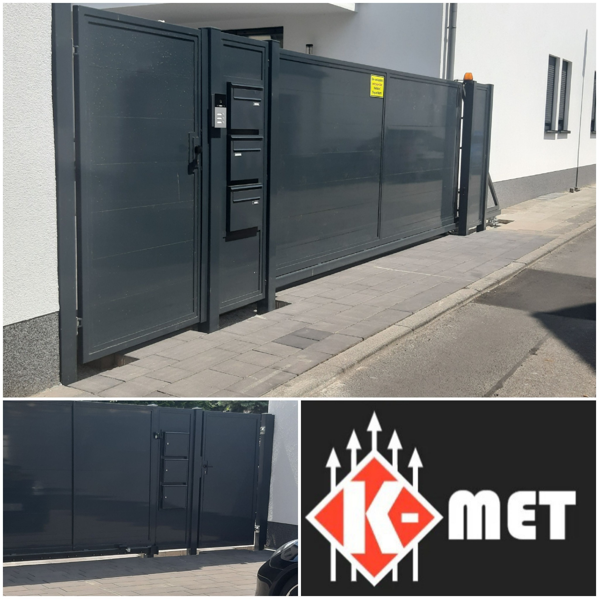 Szara, przesuwna brama wjazdowa z trzema skrzynkami na listy i domofonem, zamontowana przy białym budynku mieszkalnym.