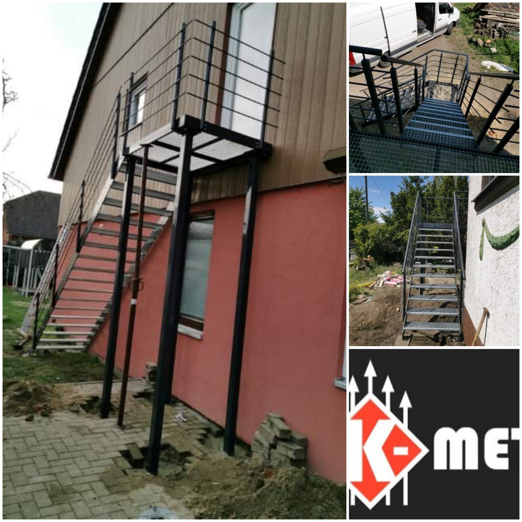 Zewnętrzne schody metalowe z platformą, prowadzące do budynku o elewacji w kolorze brązowym i czerwonym, widoczne ślady prac ziemnych wokół podstawy schodów oraz logo firmy w prawym dolnym rogu.